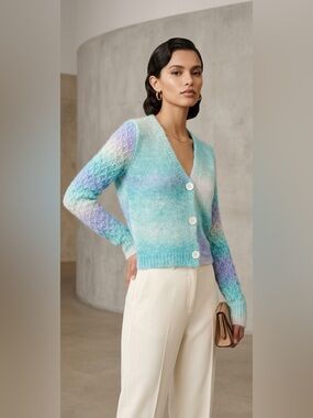 Shein Multi Colored Ombré Cropped button front sweater Feminine NWOT